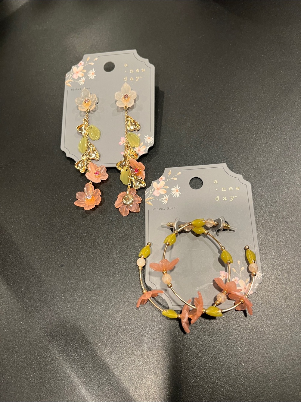 a new day Coral Pink Flower Drop Earrings and Floral Hoop Set